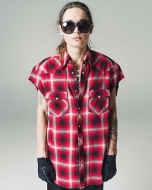 TAKAHIROMIYASHITA The Soloist Red Cut Off Sleeve Western Shirt - Red Garmentory at Garmentory